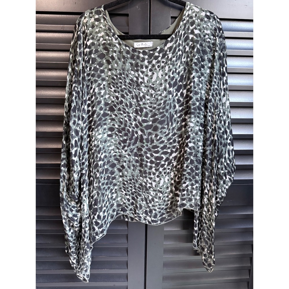 Made in Italy 100% Silk Gigi Moda Animal Print Blouse Top Green Multi Layer Tank
